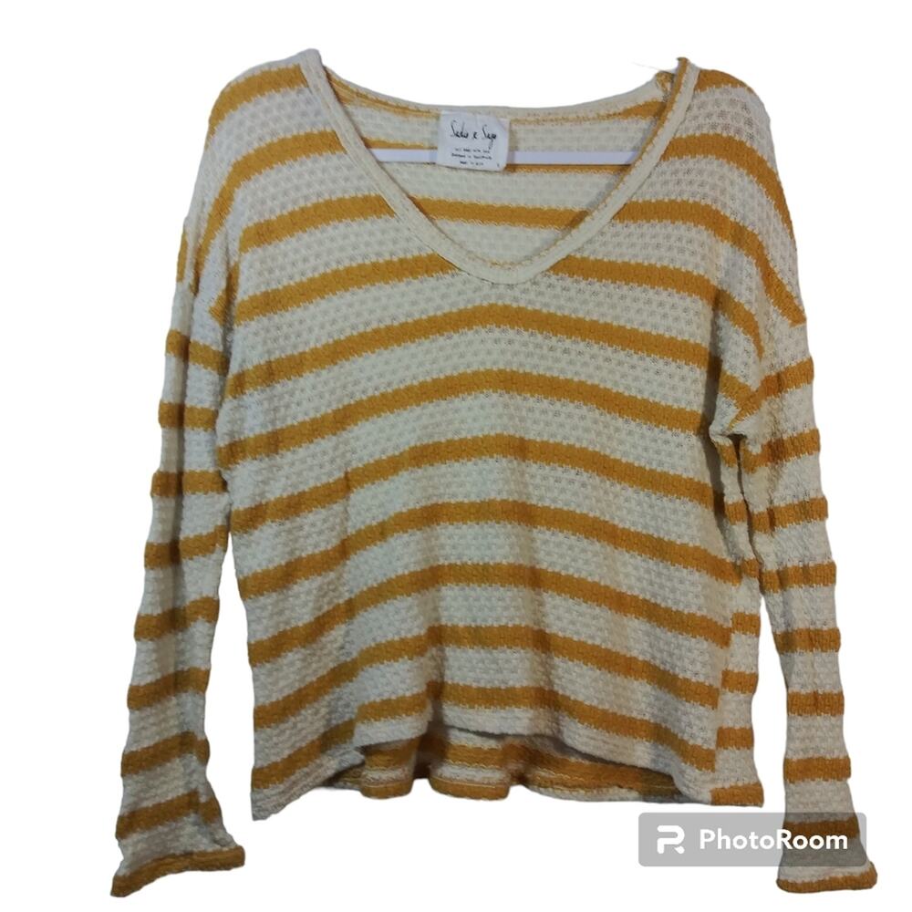 Sadie & Sage Yellow Stripe V Neck Knit Sweater Top Size Small